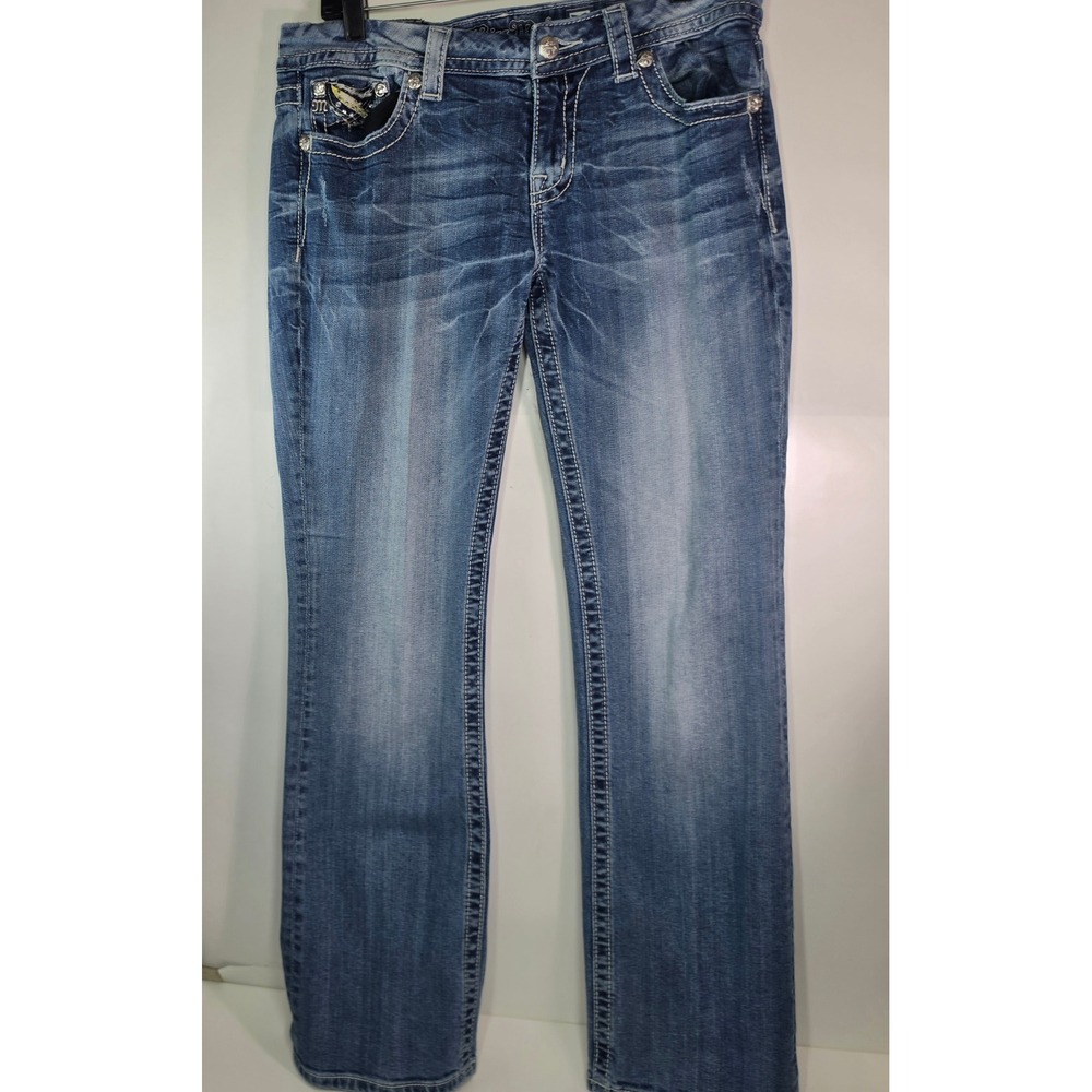 Miss Me Easy Boot Jeans 30 JE5869EL Wing Pocket Rhinestone Embellished Blue